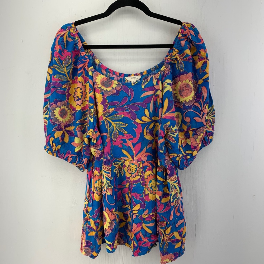 Terra Sky Floral Tiered Peplum Top 1X 16W 18W Boho Puff Sleeve Peasant Hippie
